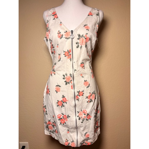 No Boundaries Dresses & Skirts - Y2K No Boundaries Floral Zip Front Denim Mini Dress Peach Pink Cream Size M